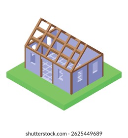 Vista isométrica de un proyecto de construcción de una casa que muestra el marco de madera que se construye sobre los cimientos de hormigón