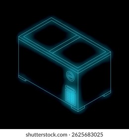 Isometric view of a horizontal chest freezer glowing with blue neon light, ideal for illustrations about food industry, frozen food and retail