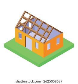 Vista isométrica de una casa durante la construcción que muestra el techo que se está construyendo en un terreno verde