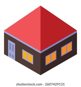 Isometric view of a house with a red roof showing windows and door