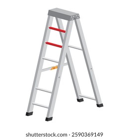 Isometric view of improper and unsafe portable A-shaped ladder usage. Missing ladder rung and spreader. Industrial safety illustration.