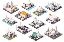 Isometric view of industrial factories and plants set. Vector illustration