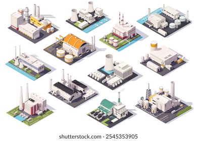 Vista isométrica de fábricas industriais e plantas ajustadas. Ilustração vetorial