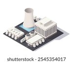 Isometric view of an industrial factory with cooling tower. Vector illustration