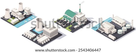 Isometric view of industrial factory set with multiple structures and elements. Vector illustration