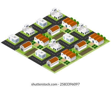 Isometric view of an industrial zone with factories, warehouses, roads, and green areas, representing urban development and industrial activity