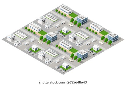 Isometric view of an industrial zone with factories, office buildings, roads, trucks, and trees, representing air pollution and environmental concerns