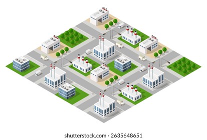 Isometric view of an industrial zone with factories, office buildings, roads, trucks, and trees, representing air pollution and environmental concerns