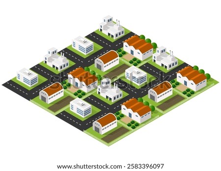 Isometric view of an industrial zone with factories, warehouses, roads, and green areas, representing urban development and industrial activity