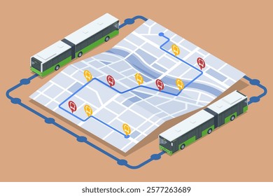 An isometric view of interconnected bus routes over a city map, visually representing a streamlined transportation network for efficient planning