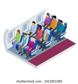 Isometric View of the Interior of an Airplane. Airplane passengers and crew. Various airplane passengers on the flight.