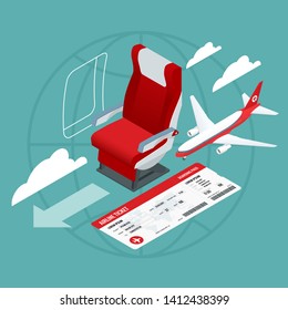 Isometric View of the Interior of an Airplane. Airplane passengers and crew. Airline travel, business trip, vacation.