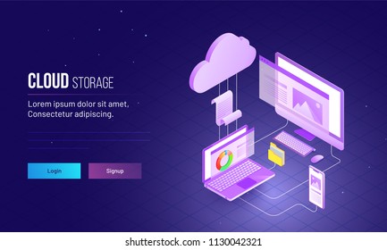 Vista isométrica de portátiles, computadoras y teléfonos inteligentes conectados entre sí para el diseño de la página de inicio basado en el concepto de almacenamiento en nube.