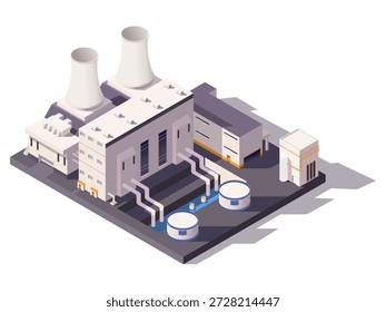 Vista isométrica de una Grande planta de energía industrial con torres de enfriamiento, tanques y edificios sobre fondo blanco. Concepto de producción de energía. Ilustración vectorial