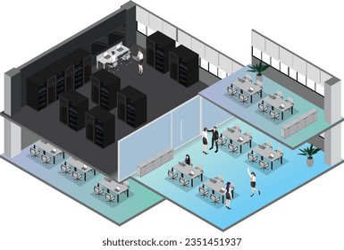 Isometric view of a large server room for office,Data Center With Multiple Rows of Fully Operational Server Racks.