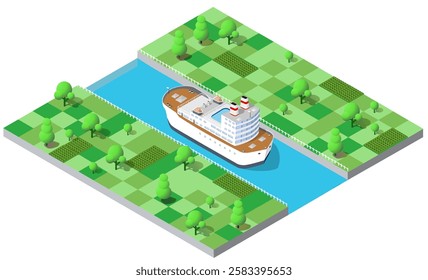 Isometric view of a large ship sailing on a canal through green fields with trees, representing transportation and logistics