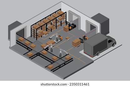 Isometric view of a large Warehouse,The transport vehicle uses a robotic arm.,robots to pick up the goods. using automation in product management