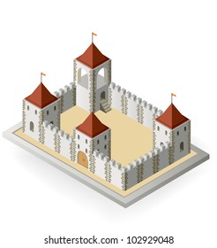 Isometric view of a medieval castle on a white background