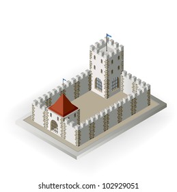 Isometric view of a medieval castle on a white background