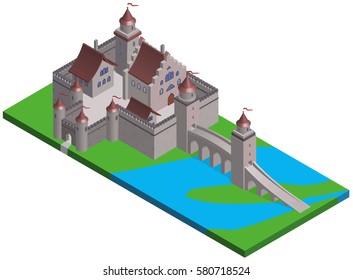 Isometric view of a medieval castle. Vector illustration.