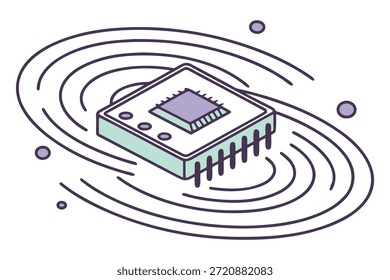 Una vista isométrica de un microchip rodeado de líneas de movimiento giratorias, que representan el procesamiento de datos de alta velocidad y el poder de computación avanzado.