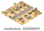 Isometric view of a military base in the desert, with soldiers assembling in front of military barracks, military vehicles, watchtower, and palm trees