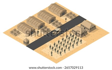Isometric view of a military base in the desert, featuring soldiers, supply depots, tents, vehicles, and a watchtower
