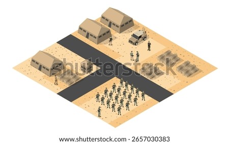 Isometric view of a military base in the desert, showing soldiers training, supplies, tents, vehicles, and personnel, illustrating military operations in arid environments