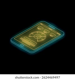 Vista isométrica del teléfono móvil con una interfaz de usuario de neón brillante que muestra datos de rendimiento y análisis