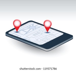A isometric view of a mobile phone with navigation map