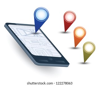 A isometric view of a mobile phone with navigation map