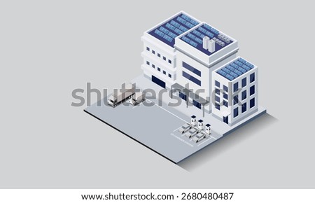 Isometric view of a modern building with rooftop solar panels and EV charging stations. Concept for sustainable energy, green tech, and smart city infrastructure. Vector EPS10.
