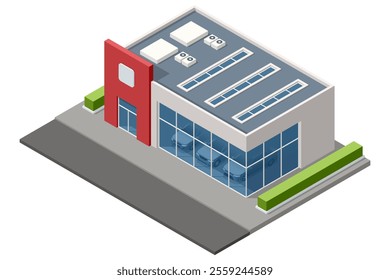 An isometric view of a modern car dealership building with a red facade, glass walls, and parking areas, showcasing vehicles inside. Dealership, showroom