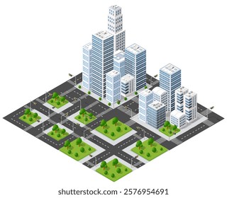 Isometric view of a modern city with buildings, roads, trees, and crosswalks, creating a comprehensive urban landscape