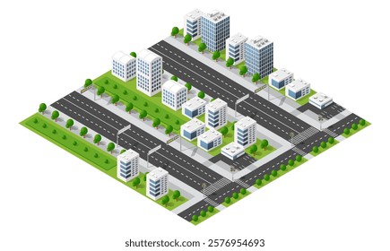 Isometric view of a modern city with buildings, roads, trees, and crosswalks, creating a comprehensive urban landscape