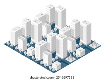 Vista isométrica de un moderno centro de la ciudad con rascacielos blancos, calles y árboles verdes, creando un paisaje urbano limpio y organizado