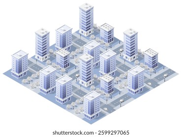 Isometric view of a modern city center showing skyscrapers, office buildings, roads and trees, creating a realistic urban landscape