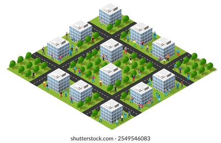 Isometric view of a modern city with office buildings, roads, trees and citizens walking and enjoying the urban environment