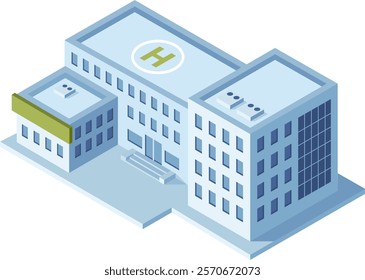 Isometric view of a modern hospital complex featuring a helipad, multiple medical departments, and administrative offices, illustrating comprehensive healthcare infrastructure