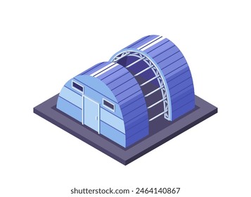 Isometric View Of A Modern Industrial Storage Building. Vector Architecture Showcases A Unique Metal Frame Construction