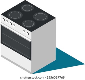 Isometric view of a modern kitchen stove featuring four burners on top and an oven below, showcasing its cooking capabilities in a contemporary kitchen setting