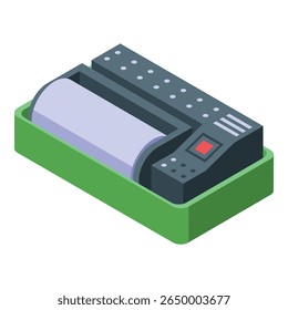 Visualização isométrica de uma máquina de laminação moderna processando um documento, mostrando tecnologia e eficiência em escritórios ou em casa