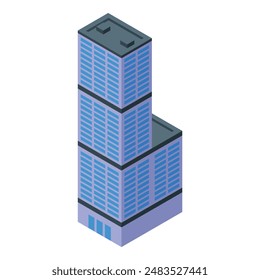 Isometric view of a modern office building, showcasing its architectural design with blue windows and a sleek facade