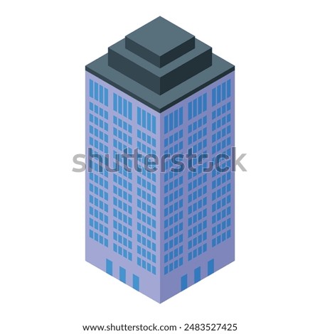 Isometric view of a modern office building with many floors and blue windows