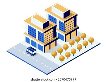 Isometric view of modern office buildings with a bus driving on the street and trees nearby
