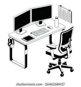 Isometric view of a modern office desk setup with dual monitors