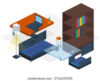Uma vista isométrica de um quarto moderno com uma escrivaninha de madeira com um computador portátil e uma planta, um sofá azul escuro, uma mesa de café de vidro e uma prateleira de livros castanha alta repleta de livros coloridos.