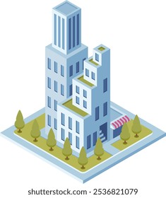 Vista isométrica de rascacielos modernos y edificios de oficinas con áreas verdes, que representan el desarrollo urbano y la arquitectura sostenible