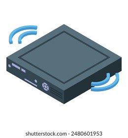 Isometric view of a modern wireless router with signal waves, isolated on a white background
