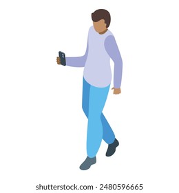 Isometric view of a modern young man walking while holding and looking at his mobile phone